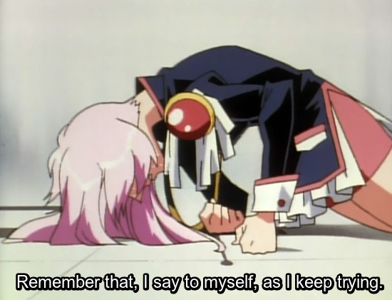 Image: Utena back in her duelist outfit, using her fists to force herself back up. Text: Remember that, I say to myself, as I keep trying.