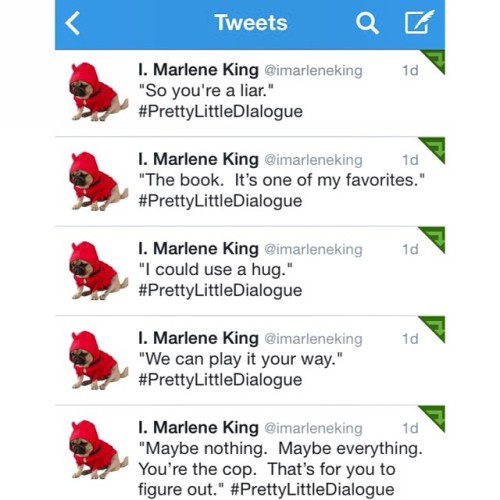 Marlene King @imarleneking is in the process of writing the PLL season 4 finale aka Winter Finale that will premiere next year. She has been posting some lines so far up onto Twitter! Can you guess who says the lines so far? We were thinking from top to bottom - 1) Hanna 2) Aria 3) Aria 4) Emily 5) Spencer! What do you Liars think? #pll #prettylittleliars #prettylittleliarsspoilers #prettylittleliarstheories #prettylittleliarsseason4 #prettylittleliarshints