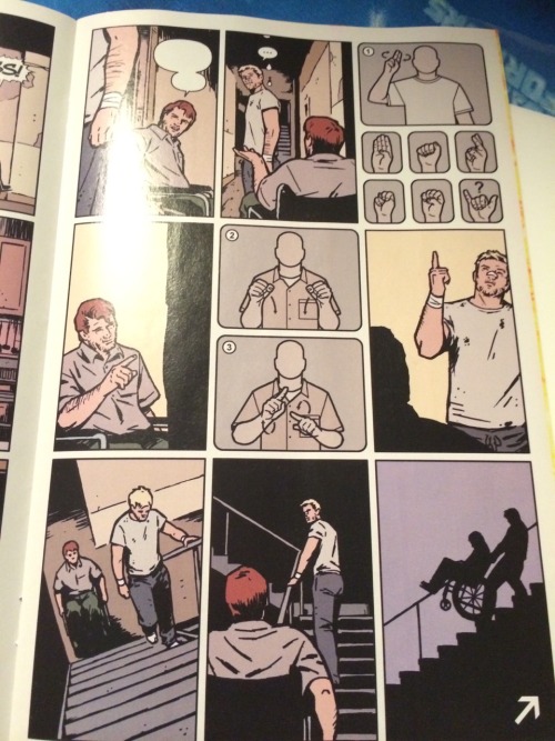gazzymouse:

slashyrogue:

Hawkeye 19 is awesome and everything but it’s so frustrating knowing just enough sign language to miss out on complete conversations! You couldn’t have the words somewhere?!?

Oh, how appropriate.


