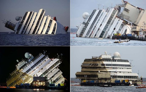 This combination shows four photos of the Costa Concordia, after the cruise ship ran aground and keeled over off Giglio, Italy, beginning to emerge during the salvage operation and finally righted.