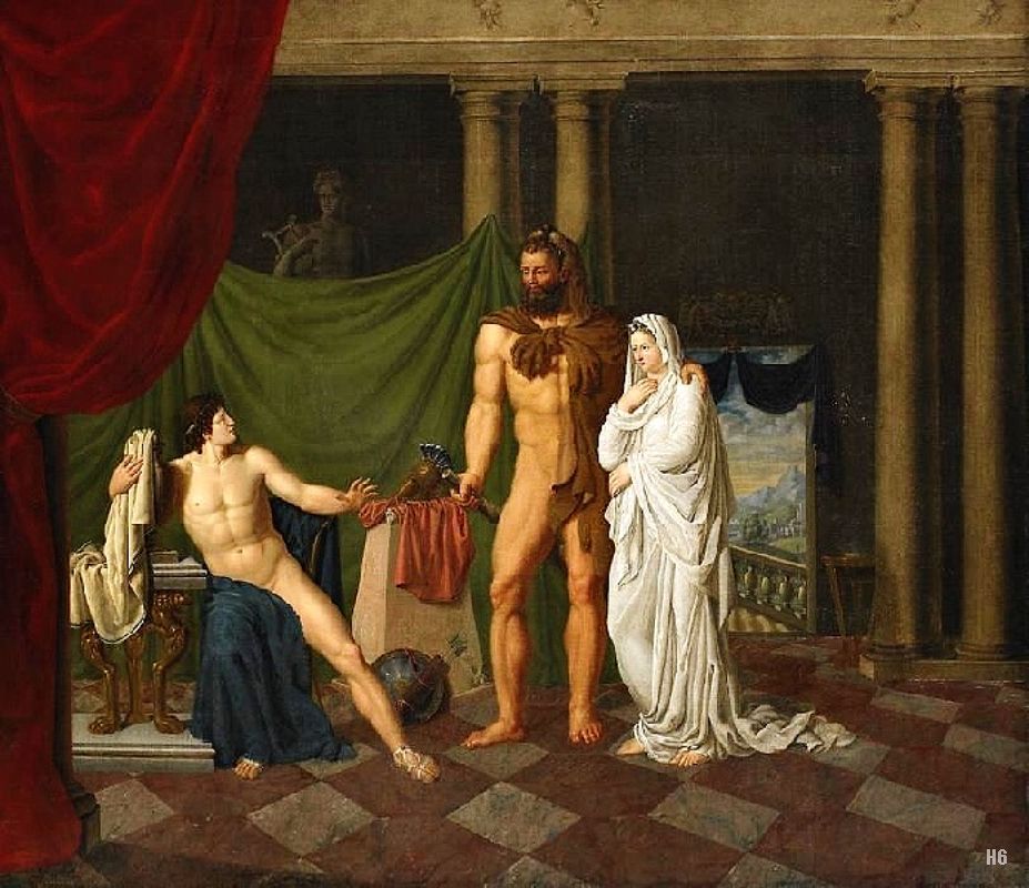 Mythological Scene. Hercules returning from Hades presenting Alcestis to her husband Admetus. 19th.century. after Jacques Louis David. French. 1748-1825. oil /canvas.
http://hadrian6.tumblr.com