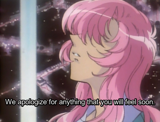 Image: Utena’s also depressed face, also with her eyes covered by her hair. Text: We apologize for anything that you will feel soon.