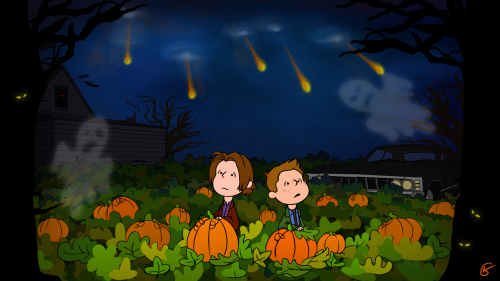 rdjpwns:

Happy Halloween everyone! (and don’t forget the salt!)
I watched 04x07, It’s the Great Pumpkin Sam Winchester, not too long ago and I couldn’t resist drawing the boys in the iconic scene from the Charlie Brown movie. Of course, it’s Halloween, so I threw some spooky stuff in there (nothing the Winchesters aren’t used to), along with a homage to the ever so breathtaking and heartbreaking season 8 finale. Cheers. :)
It’s the Great Pumpkin Charlie Brown [x]
