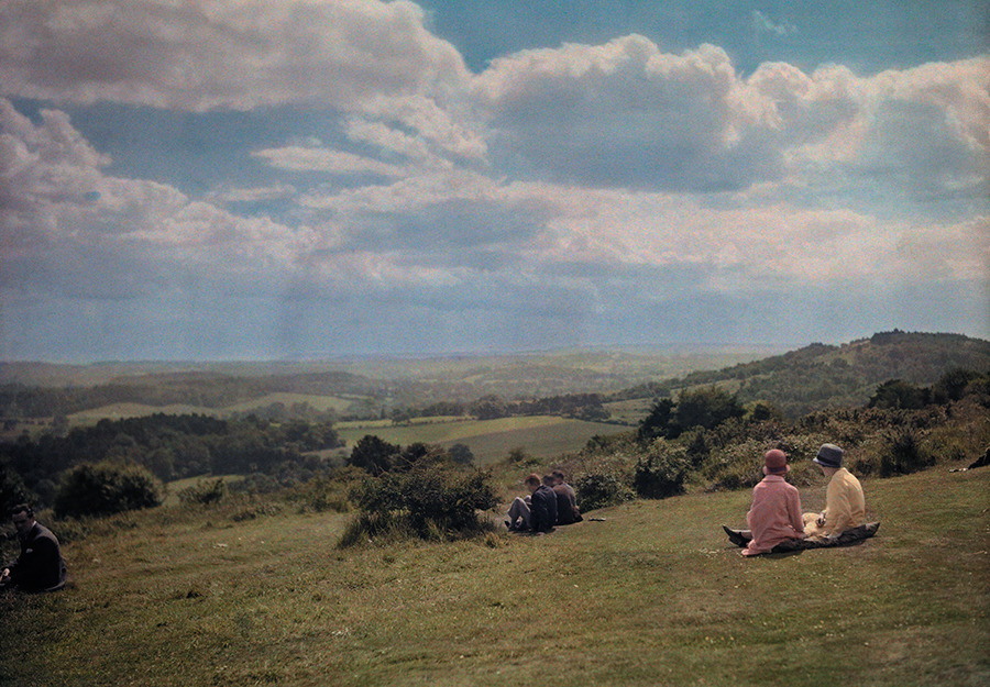 Locals enjoy the view of the Surrey Hills in England, 1928.Photograph by Clifton R. Adams, National Geographic