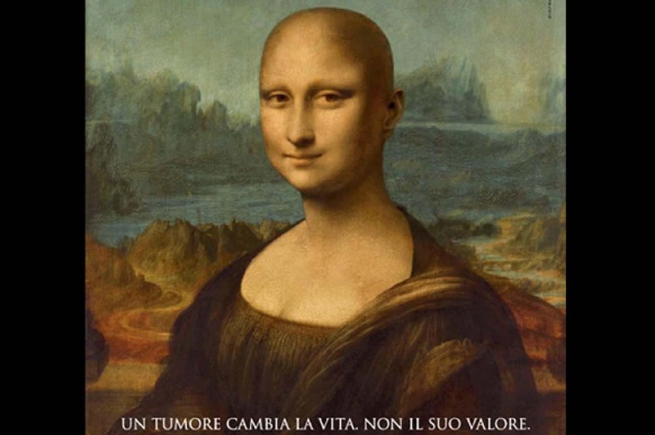 Una Mona Lisa calva se ha convertido en la impactante imagen de una campaña publicitaria para concientizar a los italianos sobre el cambio que el cáncer provoca en las vidas de las personas que lo sufren. Ant.