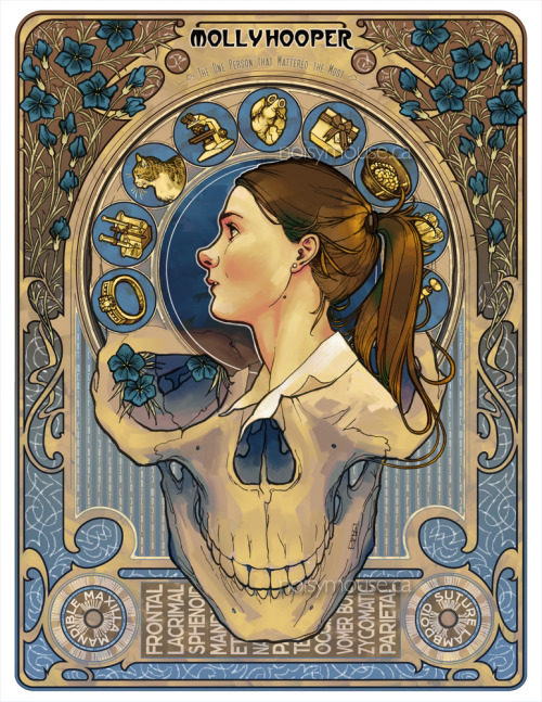 Molly Hooper
The One Person that Mattered the Most
Based on the classic Mucha poster Zodiac, Grand Bazar and Nouvelles Galleries. Colored in Corel Painter. All of the type is names for the structures of the skull. Even the curling white decorative lines at the bottom are actually type (though it&#8217;s hard to see at this size). If all goes well, I&#8217;ll do posters for other Sherlock characters as well, each in the style of a classic art nouveau poster.
Prints are available here at my new redbubble account.
EDIT: I repainted and retouched this and it is now available at much larger sized prints now if anyone was interested.