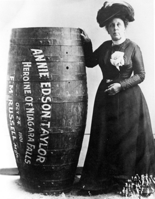 historicaltimes:

Annie Edson Taylor: the first person to survive going over the Niagara Falls in a barrel, and she did it on her 63rd birthday in 1901.
