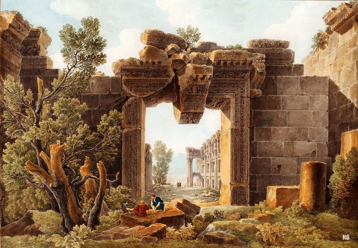 Ruins of the Temple of Bacchus at Baalbek. Louis Francois Cassas. French 1756-1827. watercolor.
http://hadrian6.tumblr.com