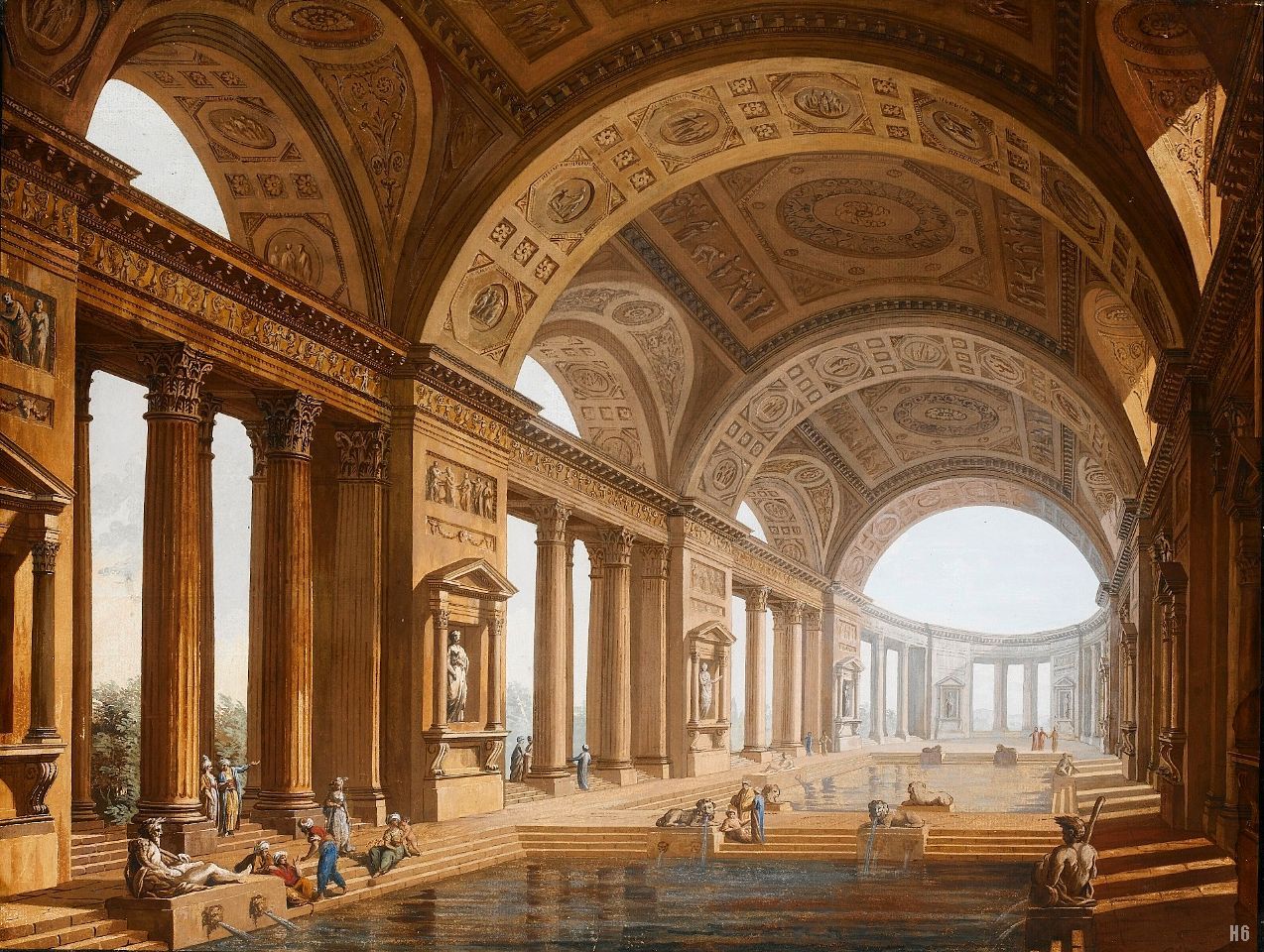 Interior View of an Ancient Roman Bath. Charles Louis Clerisseau. French. 1721-1820. pen, brown ink, watercolor and gouache on paper.
http://hadrian6.tumblr.com