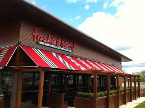 Fixed awnings on wooden pagoda at Frankie &amp; Benny&#8217;s in Warrington.