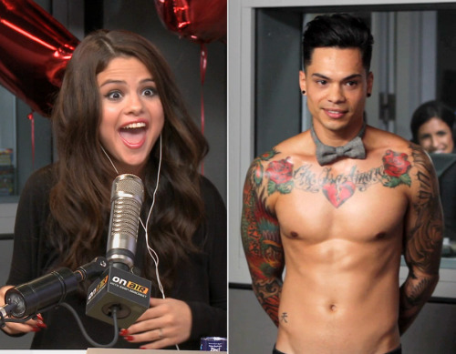 RyanSeacrest.com:check out Selena in our studio on Tuesday … where we surprised her with mimosas delivered to her by a shirtless male model!