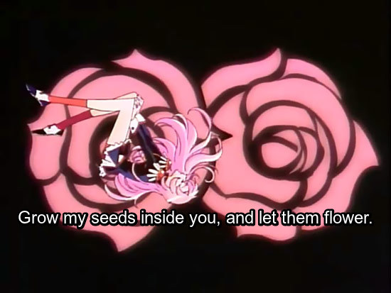 Image: Opening cap of Utena on top of a spinning rose. Text: Grow my seeds inside you, and let them flower.