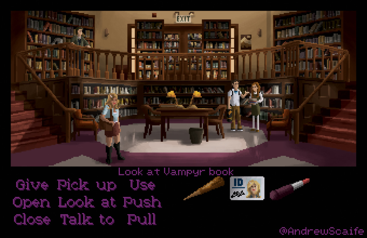 Buffy the Vampire Slayer as a LucasArts point and click adventure game
This was a lot of fun to do. Particularly in thinking about which scenes to draw and also realising just how suitable the Buffy stories are to this type of game. There are so many objects and puzzles to solve. It made me think it would be a good writing exercise to take your story and see if it would fit into this type of game. If it can&#8217;t then I suspect it&#8217;s probably lacking a little narrative propulsion. 
There are many, many other scenes I could have chosen (I&#8217;d still like to do 70s Spike on the subway car) but I thought one for each season was nice.
Some I chose because I wanted to show a specific location. Some I chose based on a gag that I thought would be funny e.g. Cordelia&#8217;s spatula and Willow&#8217;s broken crayon.
Here&#8217;s each episode I used as reference:
Season 1 - Welcome to Hellmouth
Season 2 - Inca Mummy Girl
Season 3 - Homecoming
Season 4 - Hush
Season 5 - Triangle
Season 6 - Grave
Season 7 - Touched
I&#8217;m going to be at the Bristol comic expo this weekend selling some prints.