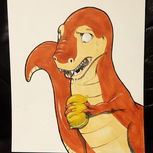 How can you eat with such little arms?? For @zillylilly for day 21. #inktober #inktober2GO #copics #trex #dinosaur #cartoon #drawing #mine