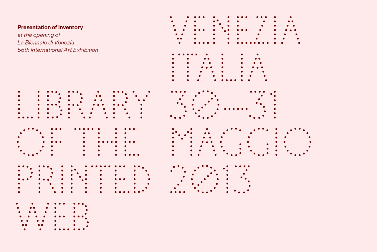 Library of the Printed Web in Venice.
Presentation and talk at the opening of La Biennale di Venezia, 55th International Art Exhibition. 
Featuring web-to-print work by Penelope Umbrico, Joachim Schmid, David Horvitz, Mishka Henner, Guthrie Lonergan, Lauren Thorson, Clement Valla, Elisabeth Tonnard, Jason Huff, Silvio Lorusso, Stephanie Syjuco, Federico Antonini, Jonathan Lewis, Andreas Schmidt, Doug Rickard, Heidi Neilson, John Zissovici and many more. 
Curated by Paul Soulellis.
The Book AffairBiblioteca CastelloS. Lorenzo-Castello 5065Venice, Italy30–31 May 2013
Twitter @printedweb
More details at Soulellis.com