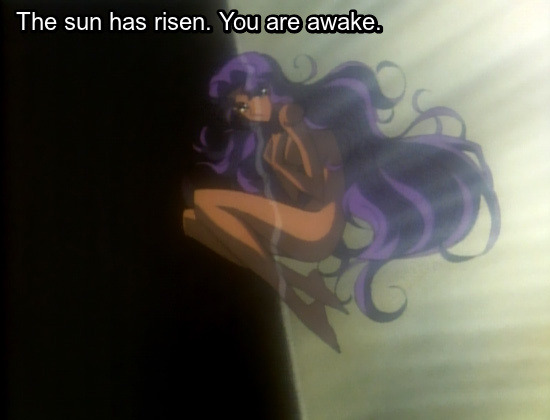 Image: Anthy curled up naked in darkness beyond the coffin with light covering half her body as she opens her eyes. Text: The sun has risen. You are awake.