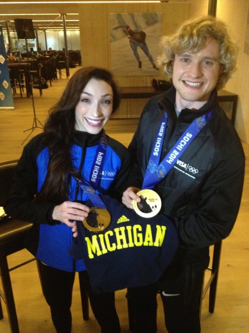 michigandaily:<br /><br />Even Olympic champions like to show off their University of Michigan colors. <br />Monday University juniors Meryl Davis, left, and Charlie White finishing first in ice dancing with a total score of 195.52 to become the first Americans to win gold in the event.<br />Story: http://www.michigandaily.com/sports/michigan-juniors-meryl-davis-and-charlie-white-win-gold-medal-set-world-record-ice-dancing-un <br />(Photo by Shep Goldberg for the Daily) <br />#RedWhiteandGoBlue<br />