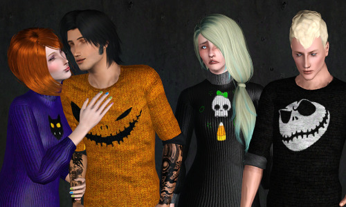 Halloween SweatersI was surprised to get such a positive response from my sweater post, so I went ahead and whipped up four recolors for the boys too. All are fully CAStable with the exception of the female sweater with the skull and candy corn. (Bow, Bubbles, and Candy corn are not recolorable)Spooky Halloween Sweaters (Female)YA-A | Everyday | Sleepwear |Packagenot pictured: Three channel candy corn themed + Simple Jack o’ lantern facemesh credit: OleSimsTacky Halloween Sweaters (Male)YA-A | Everyday | Packagenot pictured: Three bats + 2 Mario Shy Boo ghostsmesh credit: Orange Sims