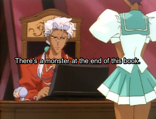 Image: Anthy standing in front of Akio at his desk. Text: There’s a monster at the end of this book.