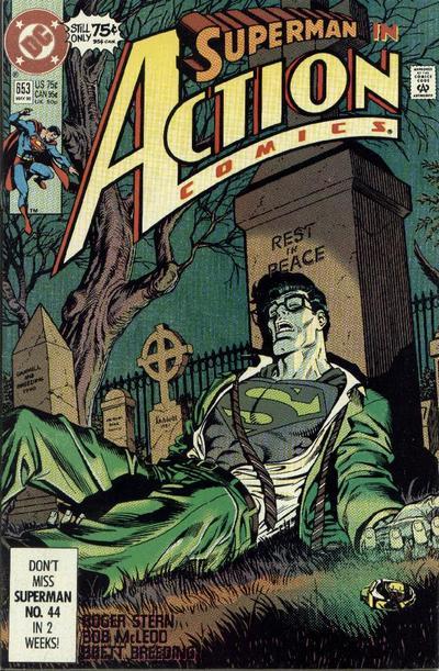 Action Comics #653 (May 1990)Superman gets drunk and falls asleep on a cemetery with his shirt open. Or at least that’s what someone would say if they hadn’t read this issue and were going just by the cover. Fortunately (or unfortunately, since that does sound like a cool premise), I have read this issue and I’m here to tell you about it.Remember way back in Superman #2 when a LexCorp scientist, Amanda McCoy, figured out Superman was Clark Kent and told Lex Luthor about it, but the big dummy didn’t believe it and fired her? Well, it only took that lady three years to work up the courage to confront Clark, and it doesn’t go well for either of them. McCoy lures Kent to the cemetery claiming she’s in danger, then whips out a little surprise: Lex Luthor’s old kryptonite ring! (Which she somehow stole.)McCoy gets Clark to admit he’s Superman, but she freaks out when he goes unconscious from the pain, then freaks out again when she realizes she’s been walking all this time with Luthor’s ring on her finger — the same ring that gave Luthor hand cancer. She drops the ring in the street, and that’s when she’s assaulted by a thug from the future and Billy Dee Williams.Aaaaand… that’s the last time we see Ms. McCoy alive. TO BE CONTINUED! (But not for her, obviously.)Character-Watch:This issue reminds us for the hundredth time that Intergang wants to kill Cat Grant (which is set-up for the upcoming Batman crossover), but at least it also fleshes out Intergang’s power structure a little more: “Ugly” Mannheim is the head honcho, his second in command is a dude named Gillespie (mentioned a year ago in Superman #28), and his “executive assistant” is some bimbo named Leilani.Heh, “abreast.” I’ve had this comic for like 16 years and I just got that.Anyway, the Mannheim-Gillespie duo will be recurring villains from now on, especially after Luthor becomes… indisposed. And I don’t remember what happens to Leilani, but since she has two L’s in her name I’m assuming Superman hooks up with her.Plotline-Watch:Apparently the entire Daily Planet staff knows about the Clark Kent/Lois Lane affair that just started in Adventures #466, because as soon as they walk into the office, everyone starts applauding. Also, Clark romances Lois with a rose and a poem. Naturally, Jose Delgado (still bodyguarding Cat) arrives just in time to watch them make out, again.Speaking of unrequited love, Whit’s Clark Kent obsession continues. He even dyed his mustache again and still can’t get Clark to notice him:The Clark Kent novel mentioned above? It’s called Under a Yellow Sun and we’ll actually get to read it in a few years.Creator-Watch:This is the first issue with Bob McLeod as regular Action Comics artist (previously, he guest-inked Superman #39 for Dennis Janke). McLeod is mostly remembered as “the guy who went between George Perez and Jackson Guice,” but he’s actually pretty good when he’s trying. I like some of his shots of Mannheim:He draws Mannheim as if saying “What if Darkseid was a person?”, which is how everyone should draw Mannheim.