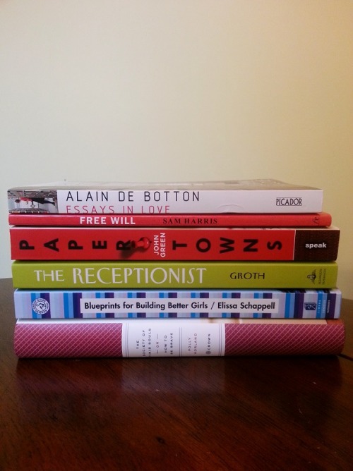 I went to New York City for the first time last week, so of course I went to the Strand Bookstore (18 miles of books!!). I thought that I exhibited great self control in only buying six new books. These were my purchases:
Essays in Love by Alain be Botton
Free Will by Sam Harris
Paper Towns by John Green
The Receptionist by Janet Groth
Blueprints for Building Better Girls by Elissa Schappell
The Society of Timid Souls: or, How to be Brave by Polly Morland
It was a really amazing, though moderately overwhelming, store with tons of cute tote bags, notebooks, etc. I plan on going back on my next trip to NYC!
