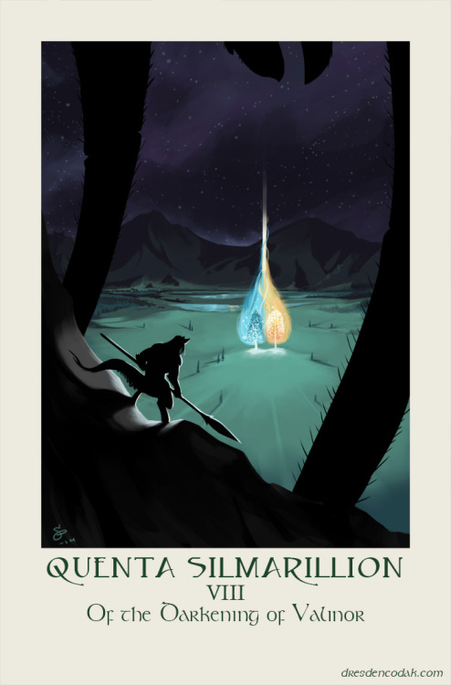 Silmarillion Chapter 8: Of The Darkening of Valinor

But now on the mountain-top dark Ungoliant lay; and she made a ladder of woven ropes and cast it down, and Melkor climbed upon it and came to that high place, and stood beside her, looking down upon the Guarded Realm.
&#8230;Then Melkor laughed aloud, and leapt swiftly, and leapt swiftly down the western slopes; and Ungoliant was at his side, and her darkness covered them.

A lot of the supernatural monsters in Tolkien&#8217;s mythology are deliberately left vague. In general, this is to leave it up to the imagination, but in the case of Ungoliant, I think it&#8217;s more interesting to depict her as a spider-shaped void than a detailed monster. She is, after all, more of an elemental, the embodiment of hunger. Similar to what I&#8217;ve done with the Valar, I think Ungoliant&#8217;s form is more of a vague facade she wears to interact with the world.