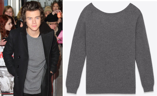 Harry is wearing this grey knitted jumper to the Class of &#8216;92 premiere in London today (1st December 2013)
Saint Laurent - £725