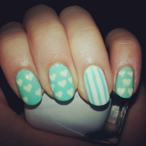 Mint green + white hearts. Looked more bluish here due to the...