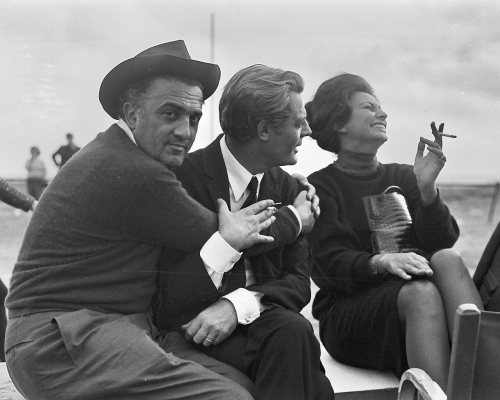 Federico Fellini, Marcello Mastroianni and Sophia Loren.
(Via)