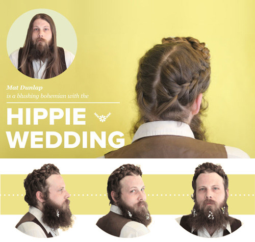 A white man with long, light brown hair and a full beard has his hair in a feminine, braided updo and white flowers in his beard. The text says 
