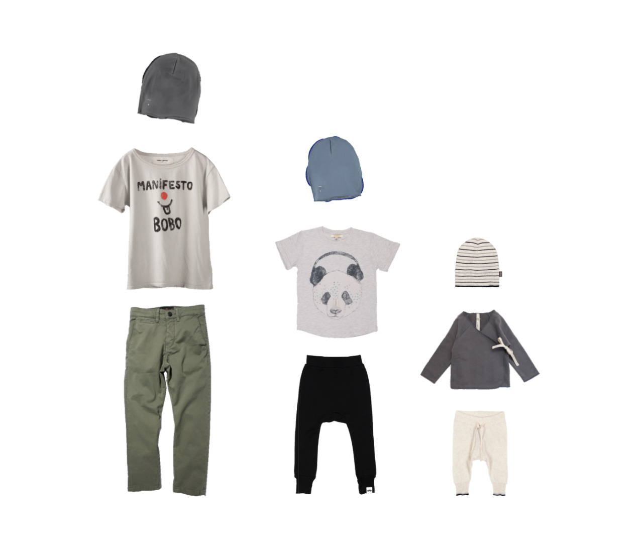 I scrolled trough one of my favorite stores and gathered spring outfits for my sons. 
Big boy outfit - Soft grey beanie by Gray Label // T-shirt by Bobo Choses // Green chinos by Finger in the nose.
Small boy outfit - Faded blue beanie by Gray Label // Panda tee by Soft Gallery // Pants by Beau Loves
Baby outfit - Striped beanie by Kidscase // Crossover top by Gray Label // Knit pants by Kidscase. 
All these products can be found at Orange Mayonnaise. 