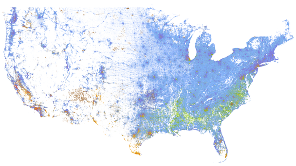 maptitude:

I’ve seen lots of USA race maps based on the 2010 census data, but this one is my favorite both for detail and aesthetics. Each dot represents a single person, but at most zoom levels those dots are smaller than a pixel, so what you get is a blend of colors. In the map above, blue dots are for people who identify as White, green dots are for those who identify as Black, red is Asian, yellow is Hispanic, and brown is anything else. You can see the interactive map here or learn more about it here.
