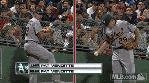 Pat Venditte warming up in the bullpen. (credit to MLB.com & Boston Globe)