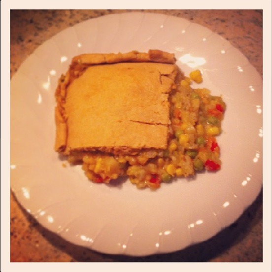 As promised: The recipe to this delicious #vegan Veggie Pot Pie!
I personally prefer to keep recipes rather simple, and this one takes a little extra work than usual, however it is so worth it! Please enjoy!
Crust (must be prepared at least an hour before being cooked):
1 cup flour
1/2 tsp salt
1/3 cup of vegan butter
3 tbsp &#8220;milk&#8221;
Filling:
1 small onion, chopped
1 tbsp olive oil
1 tbsp garlic salt*
2 celery stalks, chopped
1 large carrot, chopped
1/2 red bell pepper, chopped
1 medium potato, finely chopped
1/2 cup of frozen peas
1/2 cup of frozen corn
1/4 cup red lentils
1 cup of vegetable stock/broth
1/2 tsp salt*
1/4 tsp ground black pepper*
1/4 tsp sage*
1/4 tsp thyme*
1/4/ tsp chili powder*
1 tbsp garlic salt*
1 tsp onion powder*
2 tbsp flour
1/2 cup &#8220;milk&#8221;
*In the interest of full disclosure, I tend to just season according to what my nose and taste buds are enjoying. That being said, feel free to alter the spices accordingly (though this is my modified version of the recipe already)
Instructions:
To prepare the dough, mix flour and salt together. Add butter and &#8220;milk&#8221; by hand until a nice doughy texture is formed. (May be sticky but thats ok for now). Roll into a ball, wrap in plastic, and refrigerate for at least 1 hour before using. Preheat oven to 400F. Lightly oil a deep 10 in. pie plate or an 8x8 baking dish (what I used) and set aside. In a lg saucepan on medium heat, saute onions in oil until translucent. Add 1 tbsp garlic salt. Add the celery, carrots, and bell peppers and saute another 2-3 mins. Add potatoes, peas, corns, lentils, stock, and remaining spices (everything but flour and milk). Bring to a boil, then reduce heat and cover. Let simmer for 4-6 mins or until lentils are soft. Stir in flour and milk and simmer until sauce begins to thicken. Transfer veggies to baking dish. Take out your dough and roll out in a square shape with a rolling pin. If dough is crumbly, add a little more butter to it. Sprinkle flour on top of the dough as you roll it out so it does not stick to your pin. Place dough evenly over vegetables and pinch edges if you have a little extra. Bake for 20-25 mins. Makes 2 lg or 4 small servings. 
This recipe was taken and modified from one of my favorite vegan cookbooks, La Dolce Vegan!
