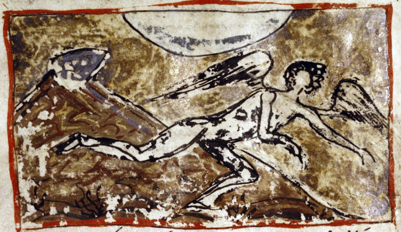 medieval:

Satan leaves God’s presence.
late 12th c. MS. Barocci 201 (via)