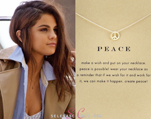 In the past we&#8217;ve seen Selena Gomez rocking pieces of Dogeared jewelry, and her Teen Vogue photoshoot was no exception! In this shot she wore a Dogeared Gold Dipped Peace Sign Necklace, which can be yours for just $58.
Buy it HERE
She&#8217;s also wearing a Hache top, Baldwin shirt, A.P.C coat and Catbird jewelry.
If you like Selena&#8217;s Peace necklace you&#8217;ll love these:
