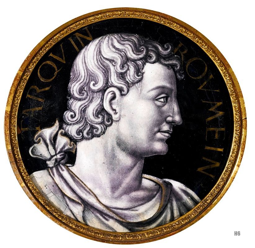 Tarquin. workshop of Jean Penicaud II. Limoges. French. active. 1534-49. roundel grisaille. painted enameled copper.
http://hadrian6.tumblr.com