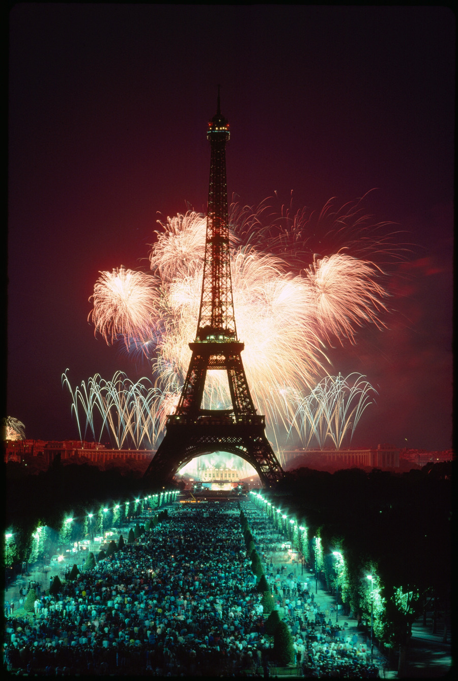 A fireworks display illuminates the Eiffel Tower.This photograph appeared on the cover of the July 1989 issue.Photograph by James L. Stanfield, National Geographic