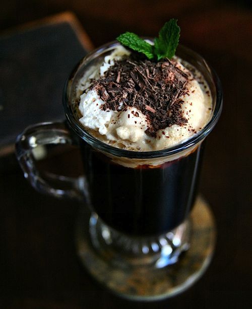 thisbottleofvodka:

Mint Irish Coffee
Hot coffee
Bailey’s Chocolate Mint Liqueur 
Irish Mist liqueur
Heavy whipping cream
Expresso Vodka
