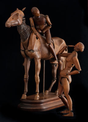 browndresswithwhitedots:

Rare articulated Horse and Rider model set, with both male and female riders, walnut, leather, and horsehair, fully articulated. France late 19th century
