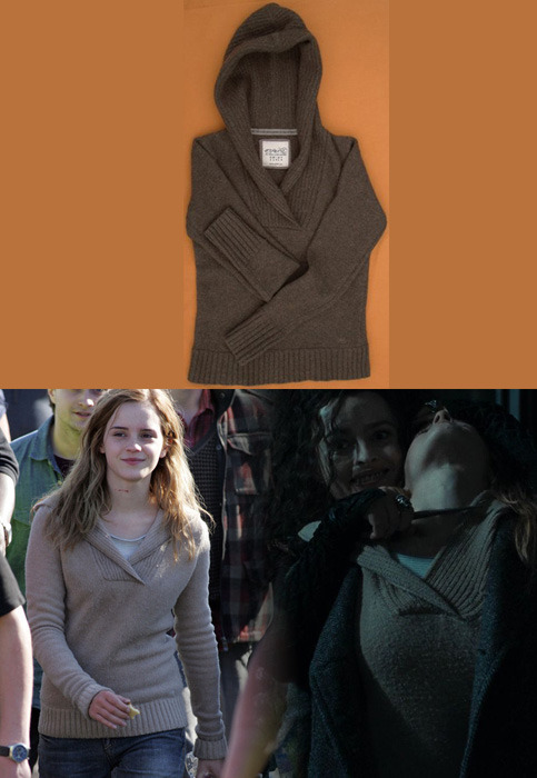 
 Emma wore an Esprit Shawl Neck Linen Hooded Jumper as Hermione Granger in Harry Potter and the Deathly Hallows part 1. 
