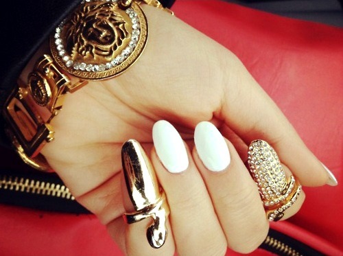 pointy nails #white nail polish #gold nail polish #gold bracelet # ...
