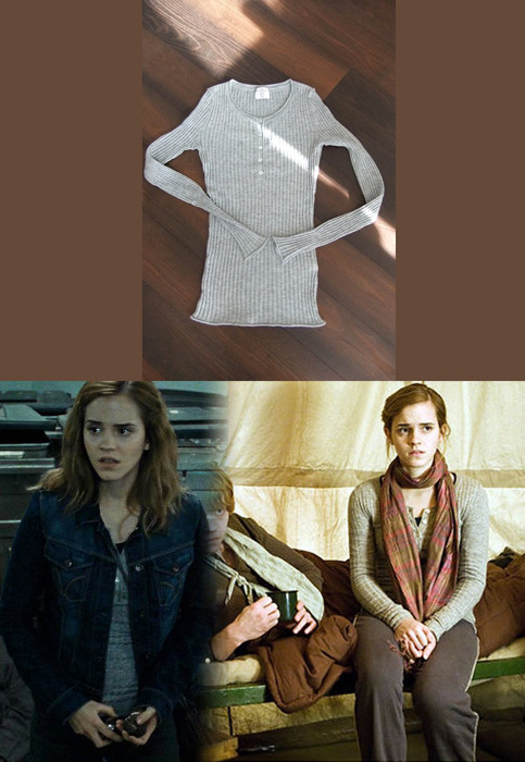 Emma wore an H&amp;M Grey Ribbed Top as Hemione Granger in Harry Potter and the Deathly Hallows part 1.Wore with: Topshop Jeans Jacket