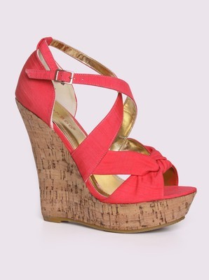 coral knotted strappy cork wedge heel