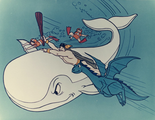 Moby Dick and Mighty Mightor was a half-hour animated series from Hanna-Barbera Productions, which ran on CBS from 1967 to 1969. Great white whale Moby Dick rescued Tom and Tub from a shipwreck and they all became great pals - kind of like Flipper, only bigger. Mightor concerns a teen caveman who uses a magical club to transform into the Mighty Mightor, a bare-chested superhero. His winged pet dinosaur Tog stays the same but tags along with either guy.
Wikipedia tells us:
Along with other Hanna-Barbera heroes, Mightor and Moby Dick appear in a crossover with a time-traveling Space Ghost during the final six episodes (The Council of Doom) of the latter&#8217;s original series. 
Moby Dick and the Mighty Mightor and his friends appear in the Hanna-Barbera Super TV Heroes comic book, issues #1 – 7 (April 1968 – Oct. 1969).
Mighty Mightor makes some appearances in the Adult Swim show Harvey Birdman, Attorney at Law, as Judge Hiram Mightor. Moby Dick appears in the episode &#8220;SPF.&#8221;
Press photo from the Tom Buckley collection.