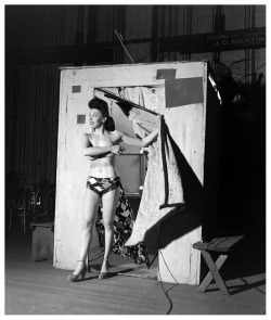 Rita Cortes poses Backstage at the &lsquo;El Capitan Theatre&rsquo; in Los Angeles..  From a photoshoot conducted by photographer Milton Lewis, in 1948..