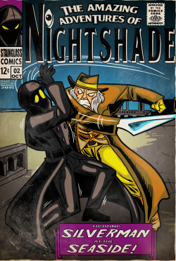 This was commissioned by someone on deviantART called Wireframewizard, and he wanted me to make a vintage comic cover of his characters, Nightshade and Silverman, fighting each other.
