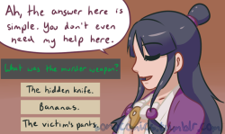 sonocomics: Mia: “…He’s not wrong.” This is another fan request from a commissionee that helped me reach my goal in June 2018! They asked for a comic about how sometimes in Ace Attorney you pick the wrong option just to see the amusing dialogue!