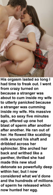 myeroticbunny:  His orgasm lasted so long I had time to freak out. I went from crazy turned on because a stranger was about to cum inside my wife to utterly panicked because a stranger was cumming inside my wife. His massive balls, so sexy five minutes