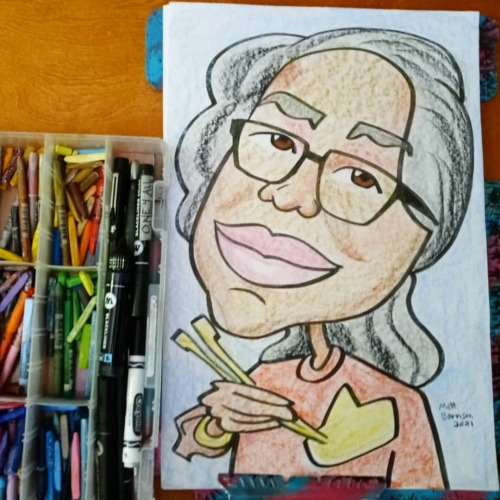 Caricature of grandma&rsquo;s friend.  Most summers i do lots but covid killed last summer. Also i am in love with the @molotowheadquarters blackliner brush marker.  Caran dache makes some nice fancy crayons (wax oil pastel,  neocolor 1) . . . . . . .